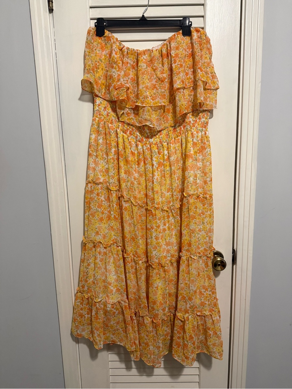 STATE Orange and Yellow Floral Off-Shoulder Midi Dress